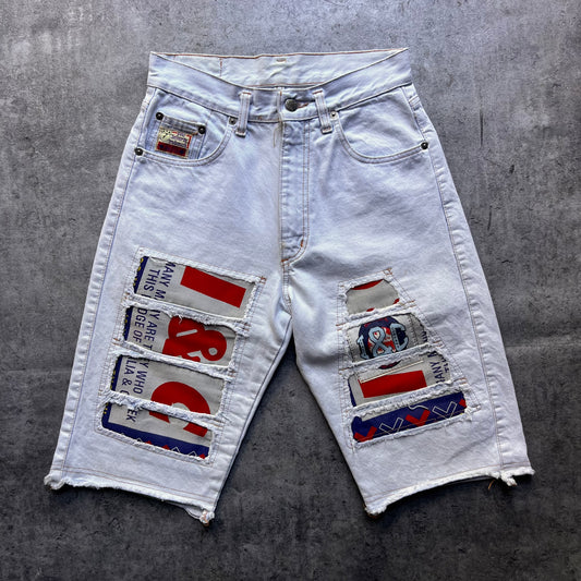 J&Co Embroidered White Denim Shorts – Y2K Patchwork Style