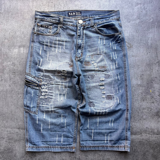 A&D Distressed Denim Shorts – Y2K Rapwear Utility Style