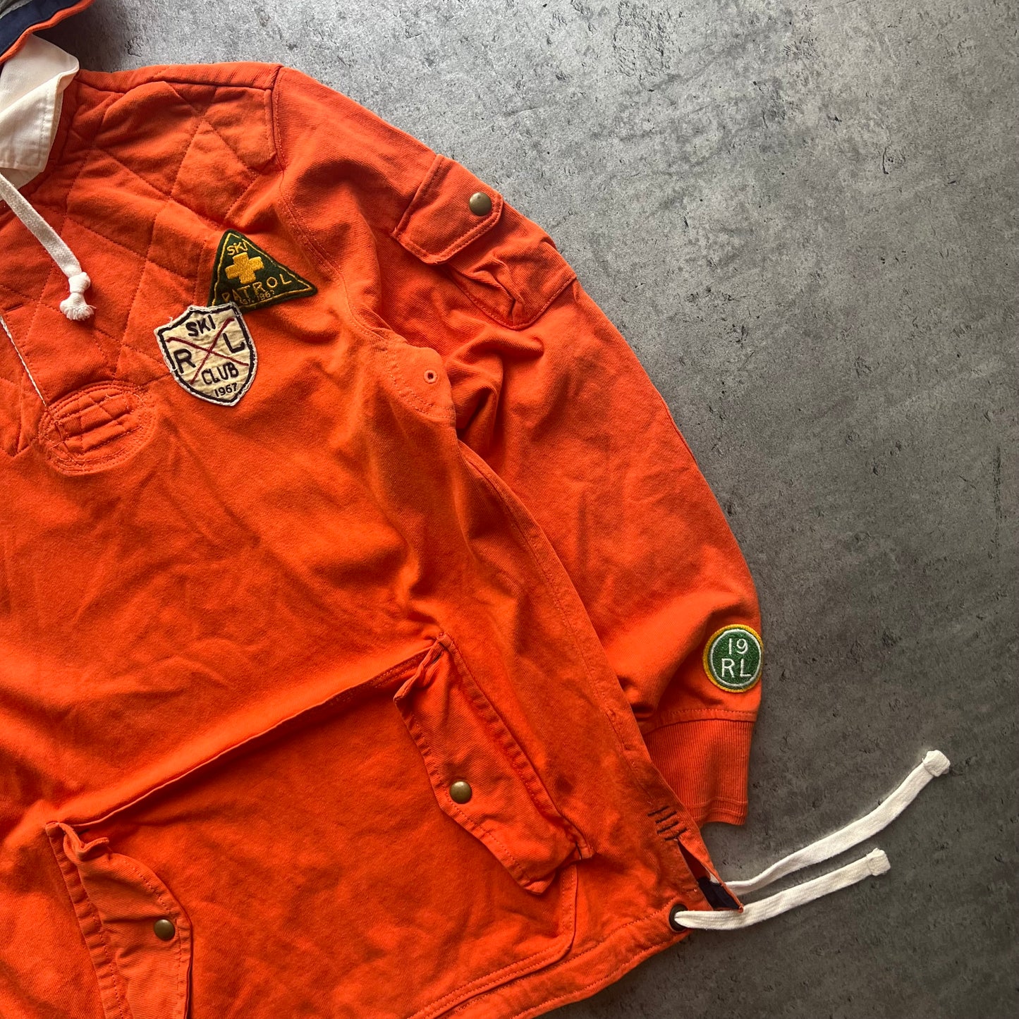 Vintage Polo Ralph Lauren Ski Patrol Orange Hooded Long Sleeve Rugby Shirt